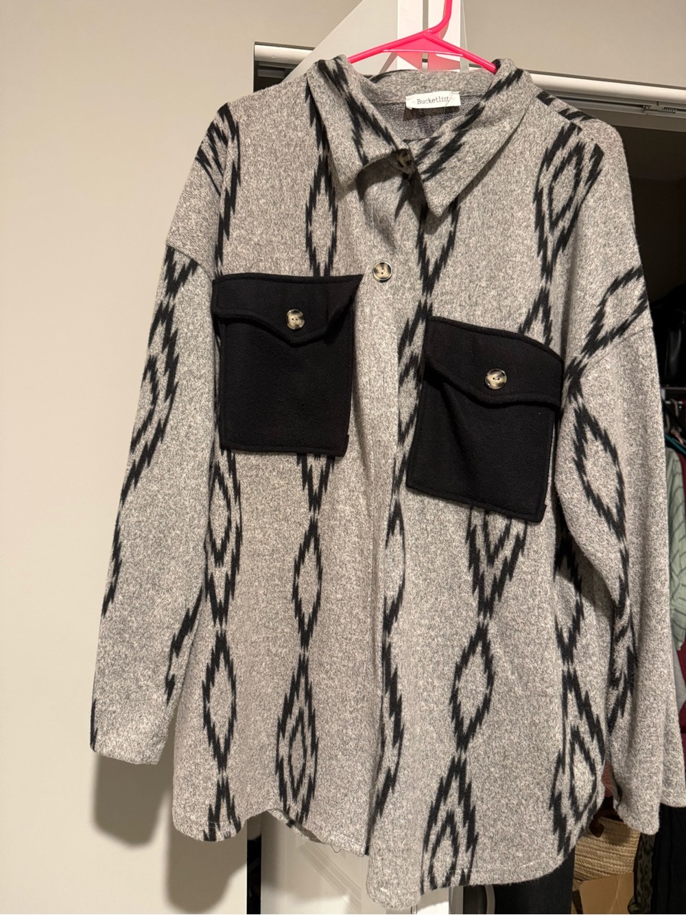 BUCKETLIST Gray Patterned Utility Shacket with Black Contrast Pockets